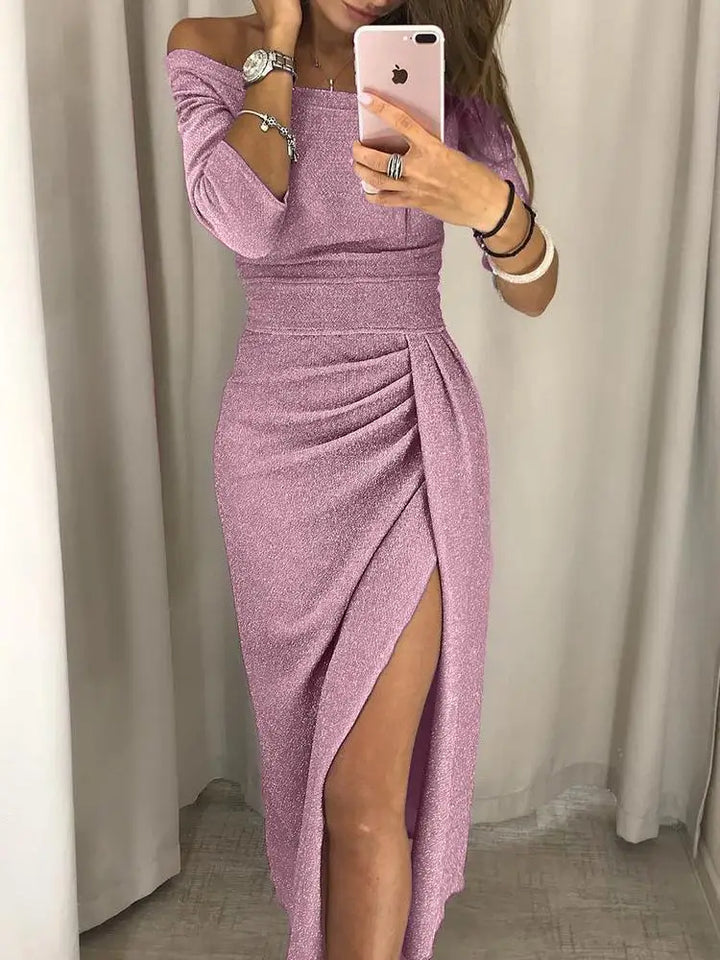 Maya | Elegant Off-Shoulder Ruched Midi Dress With Shimmer Detail