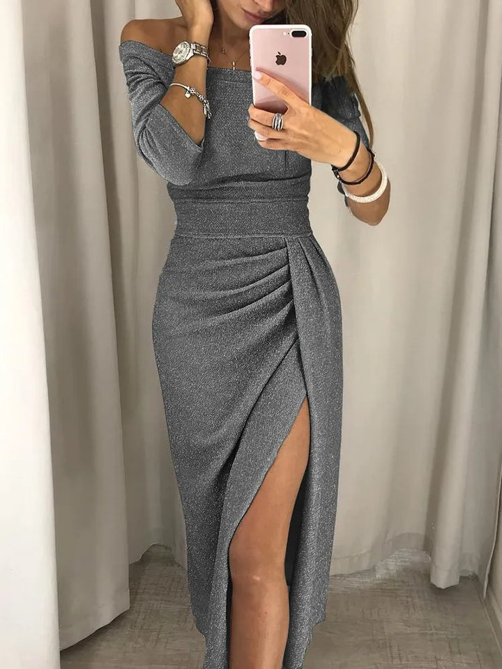 Maya | Elegant Off-Shoulder Ruched Midi Dress With Shimmer Detail
