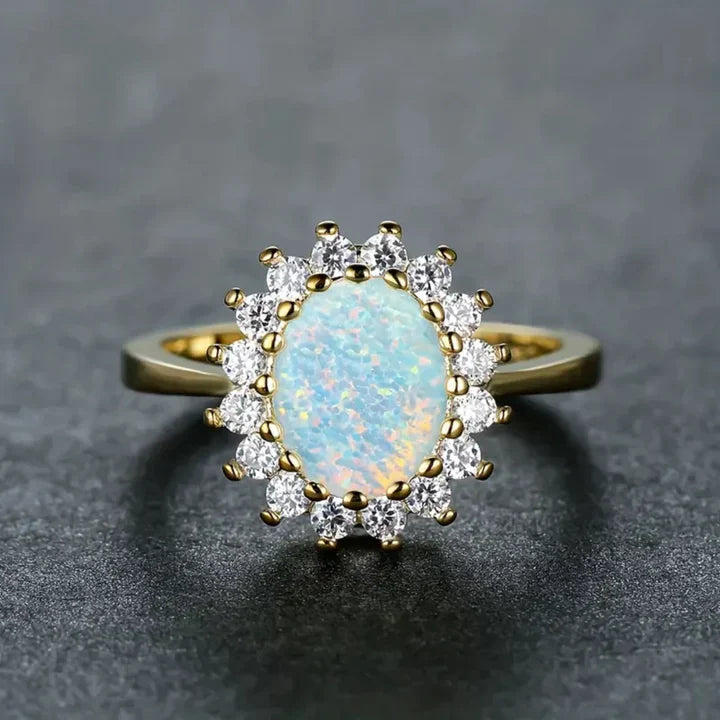 Millie | Elegant Oval Opal Halo Ring With Zirconia Accent