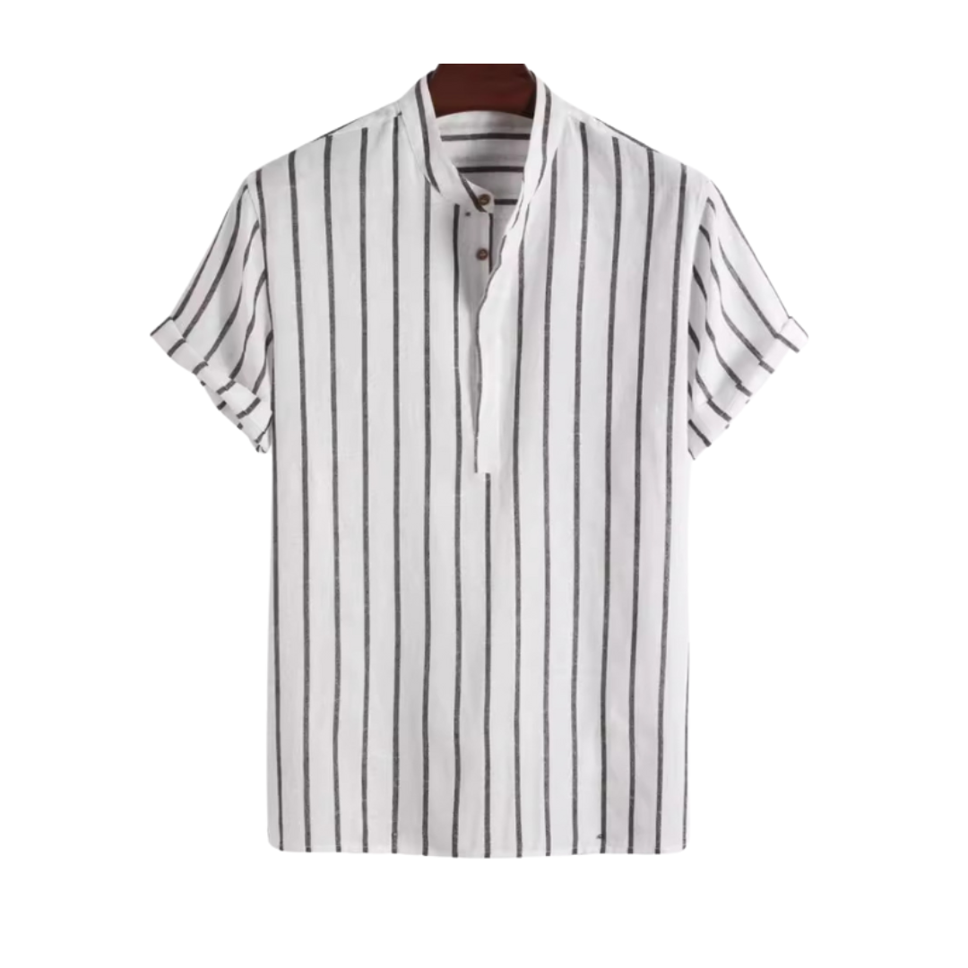 Mateo | Striped Short Sleeve Button Up Shirt With Mandarin Collar