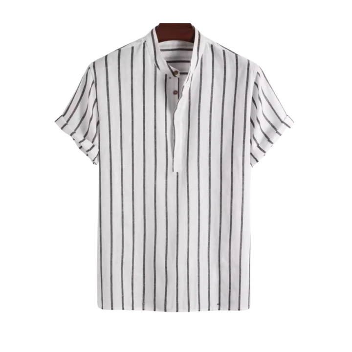 Mateo | Striped Short Sleeve Button Up Shirt With Mandarin Collar