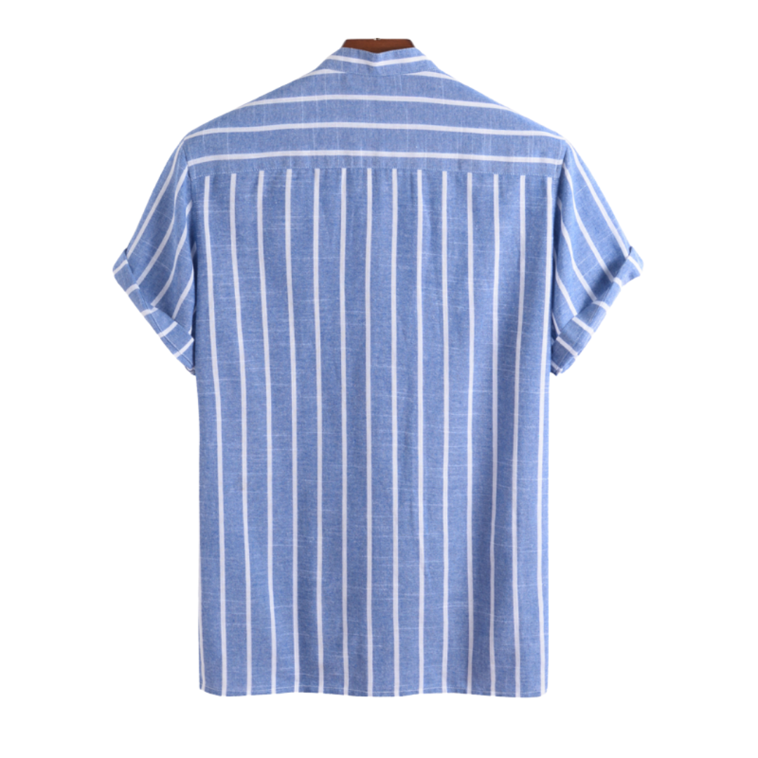Mateo | Striped Short Sleeve Button Up Shirt With Mandarin Collar