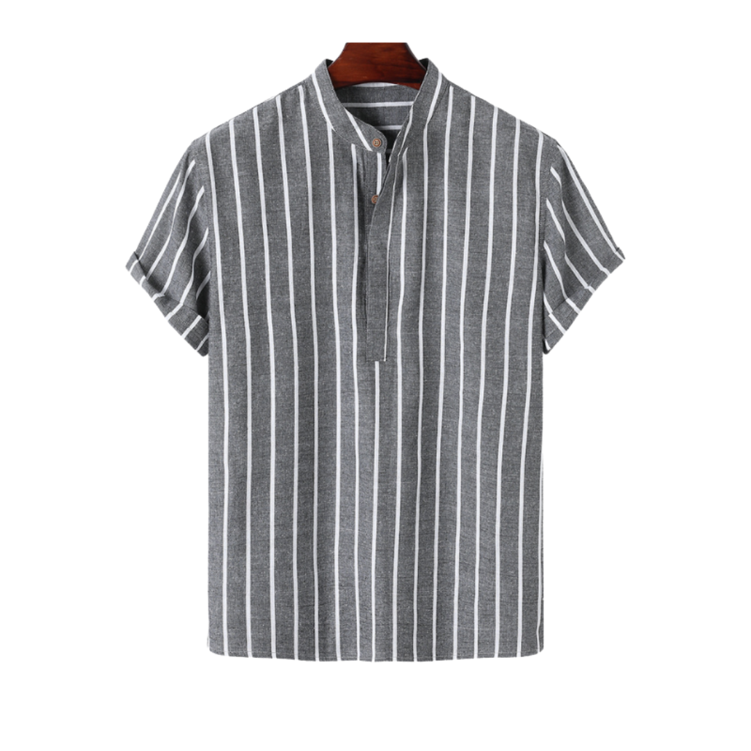 Mateo | Striped Short Sleeve Button Up Shirt With Mandarin Collar