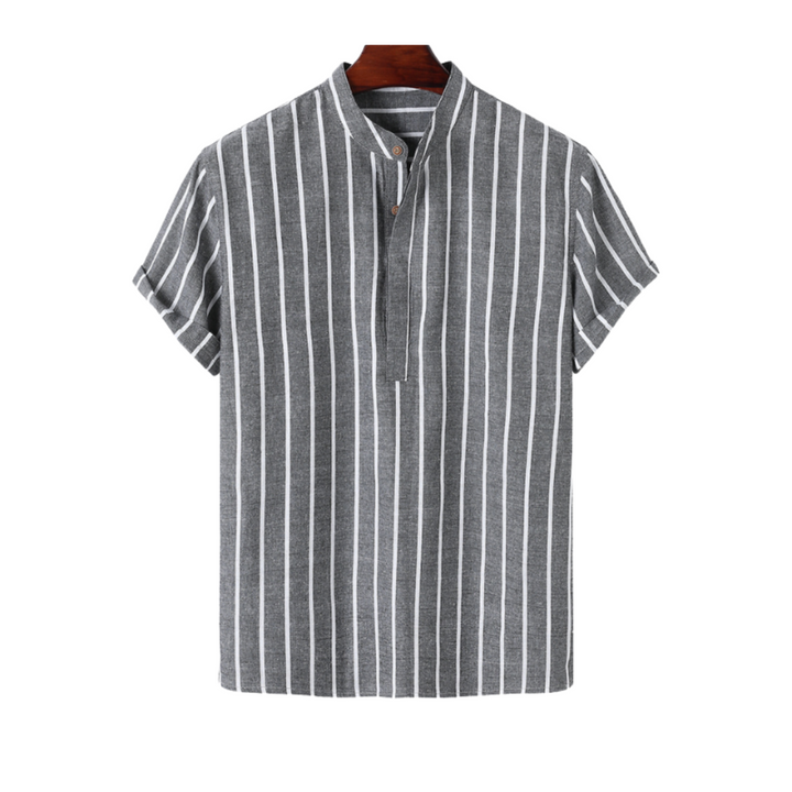 Mateo | Striped Short Sleeve Button Up Shirt With Mandarin Collar