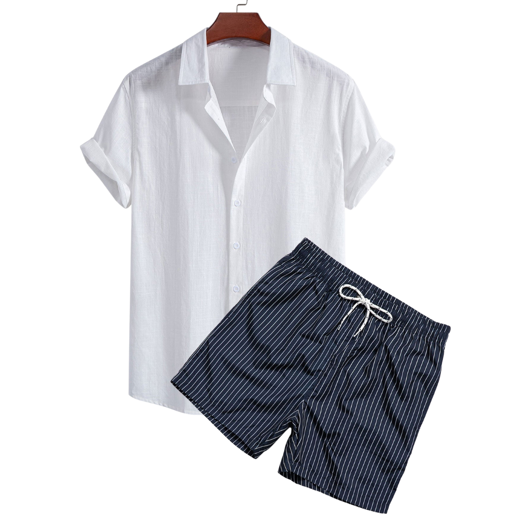 Naples | Stylish Linen Short Sleeve Shirt & Striped Shorts Set Men