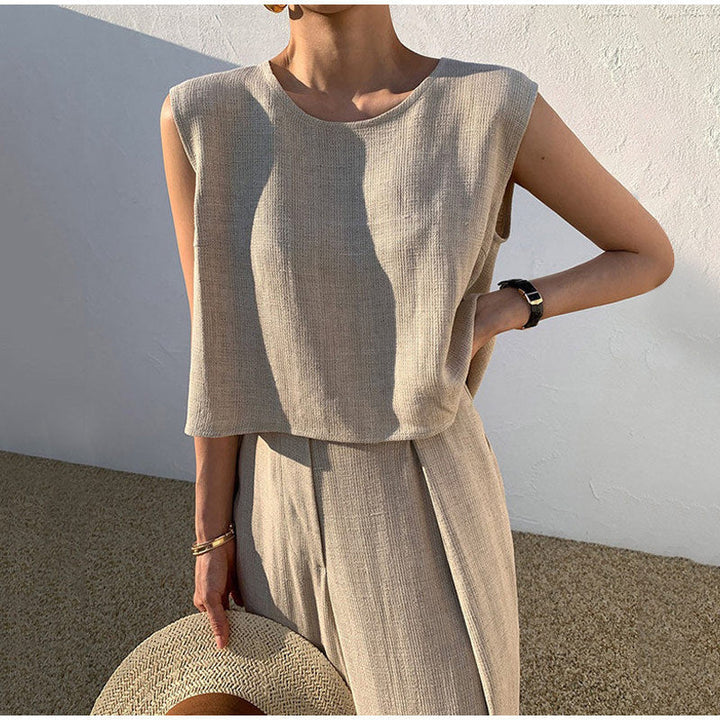 Aubree | Elegant Sleeveless Linen Two Piece Set Wide Leg Pants