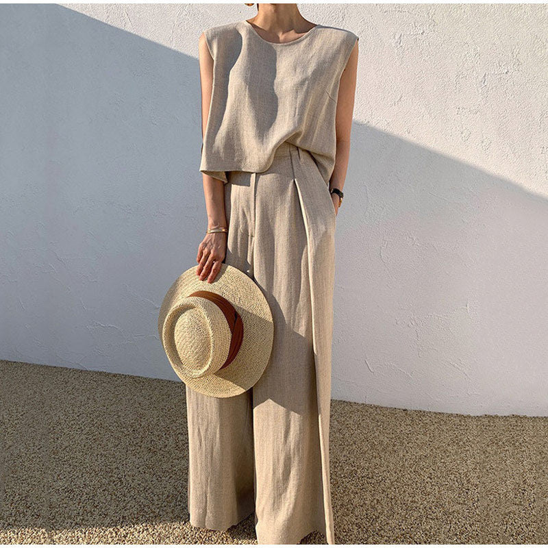 Aubree | Elegant Sleeveless Linen Two Piece Set Wide Leg Pants