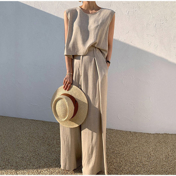 Aubree | Elegant Sleeveless Linen Two Piece Set Wide Leg Pants