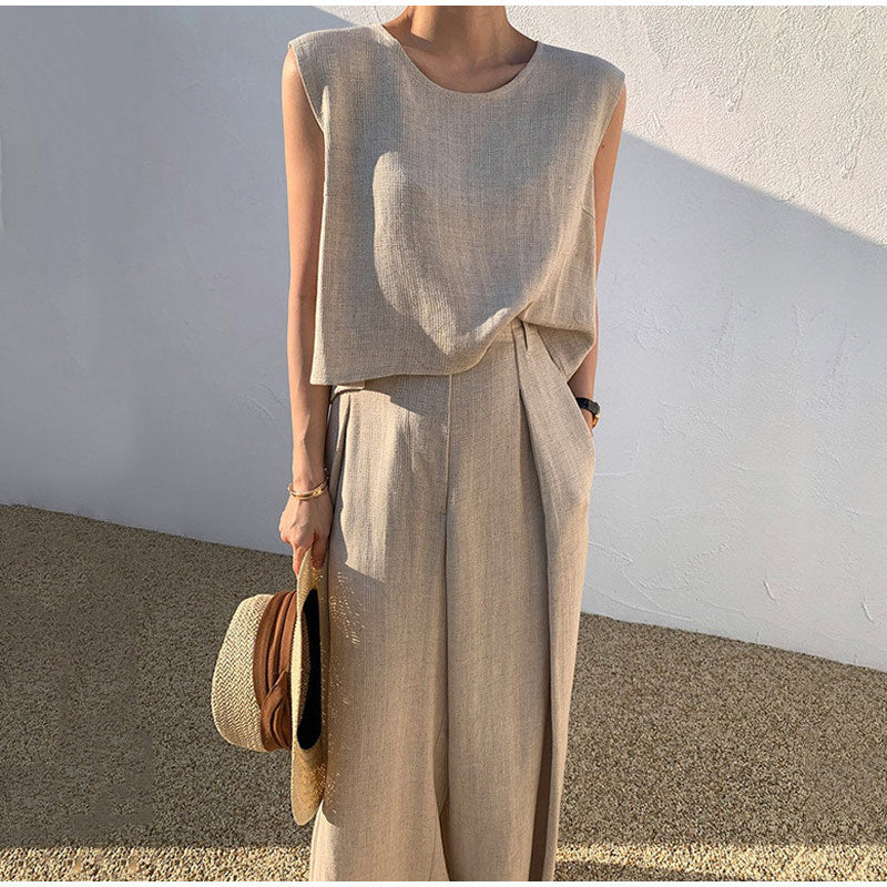 Aubree | Elegant Sleeveless Linen Two Piece Set Wide Leg Pants