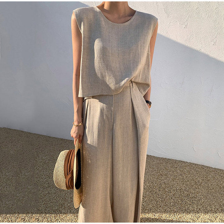 Aubree | Elegant Sleeveless Linen Two Piece Set Wide Leg Pants