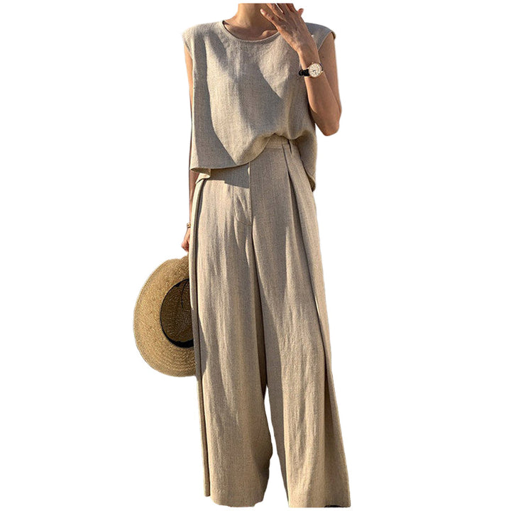 Aubree | Elegant Two Piece Linen Set With Wide Leg Pants