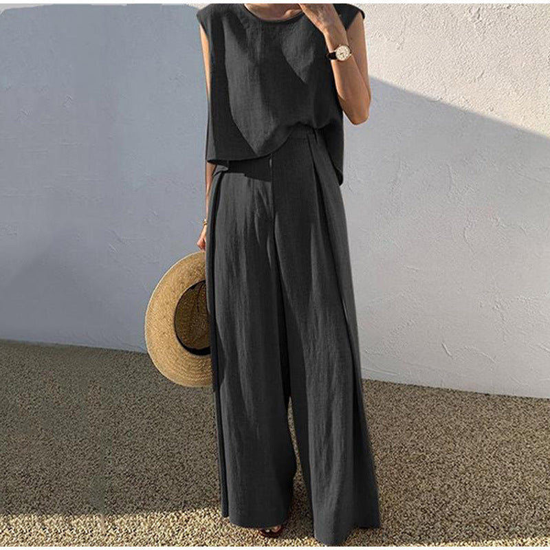 Aubree | Elegant Two Piece Linen Set With Wide Leg Pants