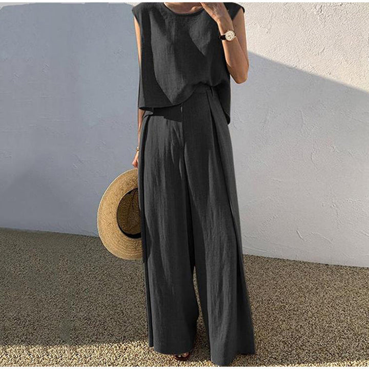 Aubree | Elegant Two Piece Linen Set With Wide Leg Pants