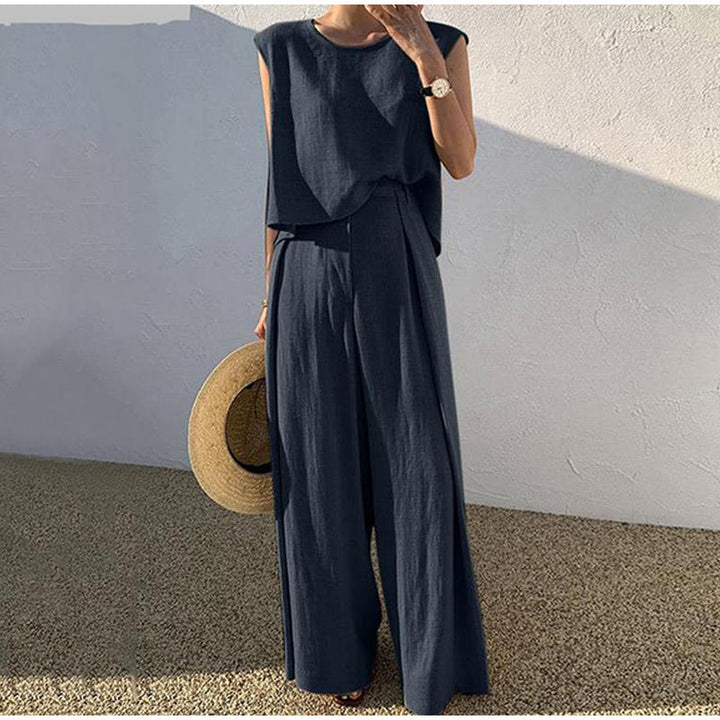 Aubree | Elegant Sleeveless Linen Two Piece Set Wide Leg Pants