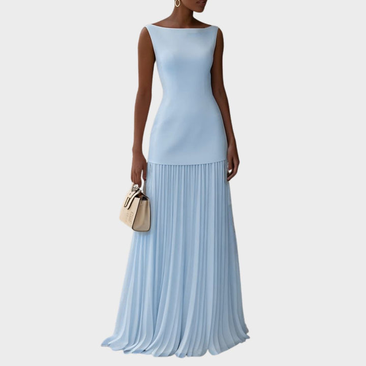 Cecilia | Elegant Sleeveless Pleated Maxi Dress With Boat Neck