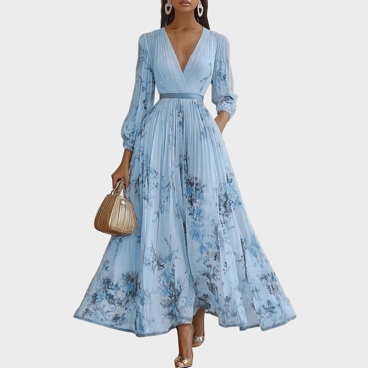 Bellamy | Elegant V-Neck Pleated Floral Maxi Dress