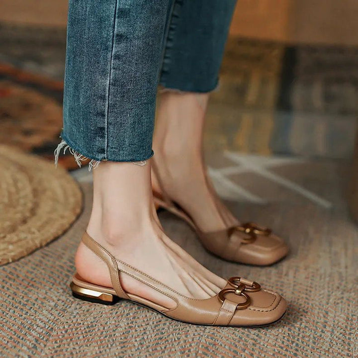 Evelyn | Elegant Navy Slingback Flats With Gold Buckle Detail