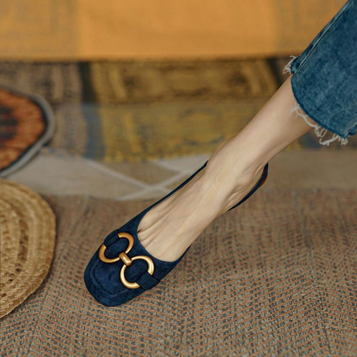 Margot | Elegant Navy Slingback Flats With Gold Buckle Detail