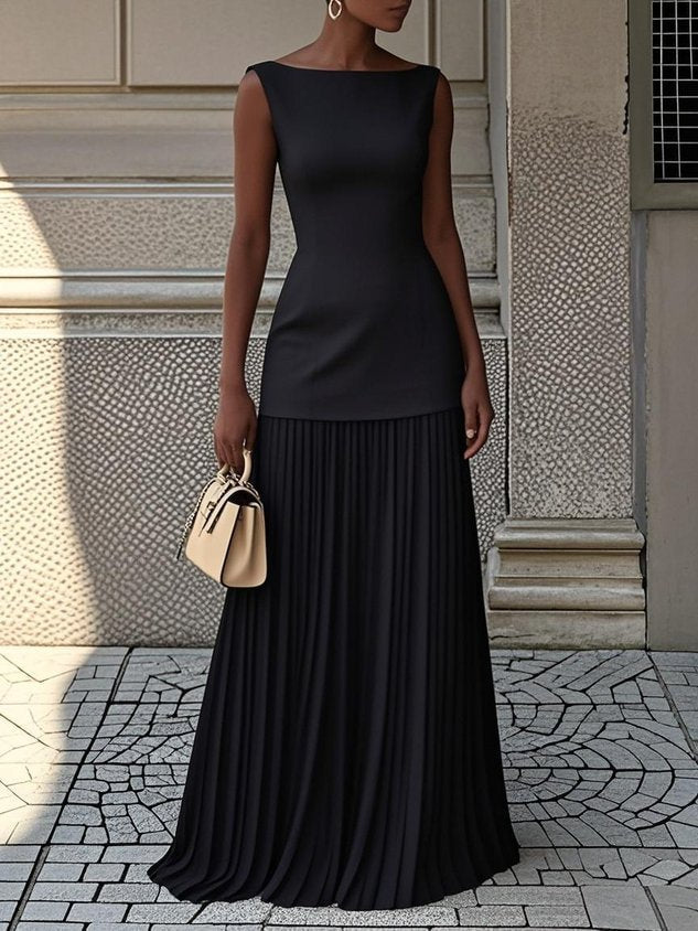 Cecilia | Elegant Sleeveless Pleated Maxi Dress With Boat Neck