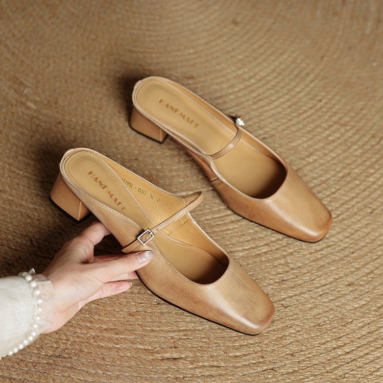 Leona | Elegant Square Toe Block Heel Leather Mules