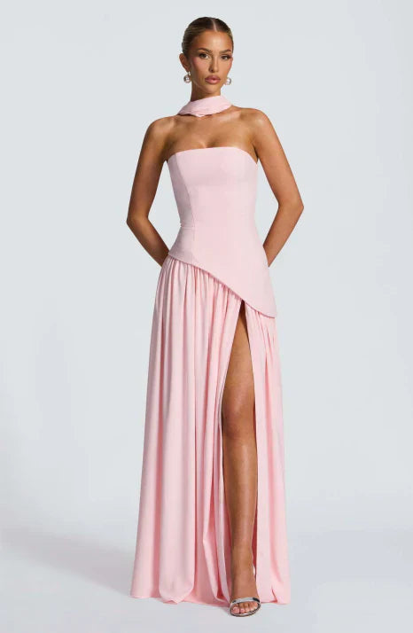 Piper | Elegant Burgundy Halter Maxi Dress With Draped Detail