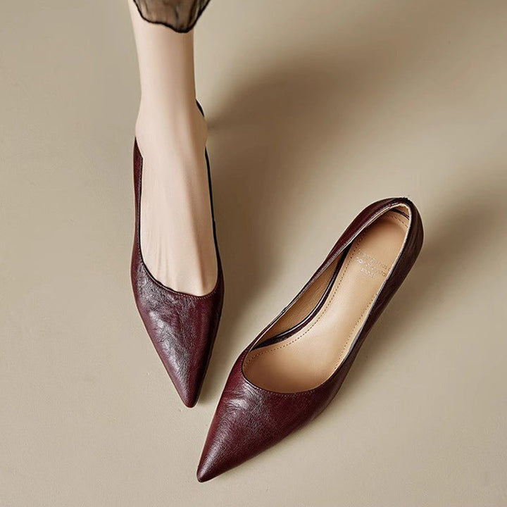 Elyse | Elegant Pointed Toe Burgundy Leather Kitten Heels