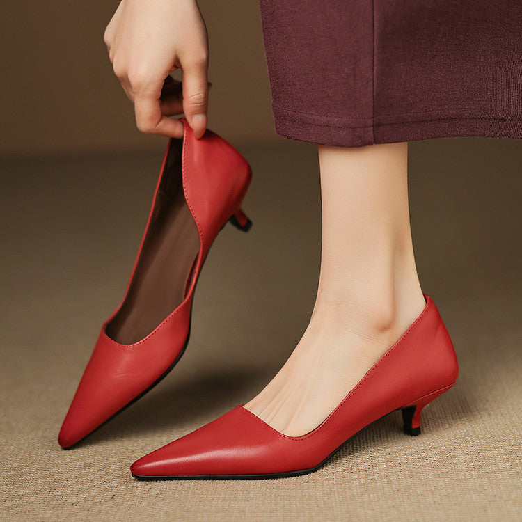 Vienna | Elegant Pointed Toe Red Leather Kitten Heel Pumps