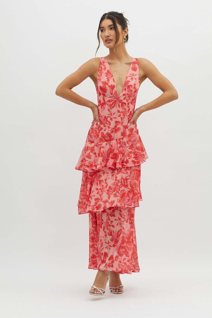Cordelia | Elegant Tiered Floral V-Neck Ruffle Maxi Dress