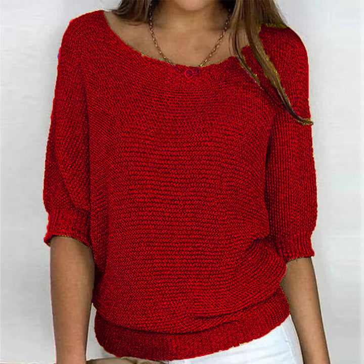 Lila | Chic Blue Textured Knit Pullover With 3/4 Sleeves
