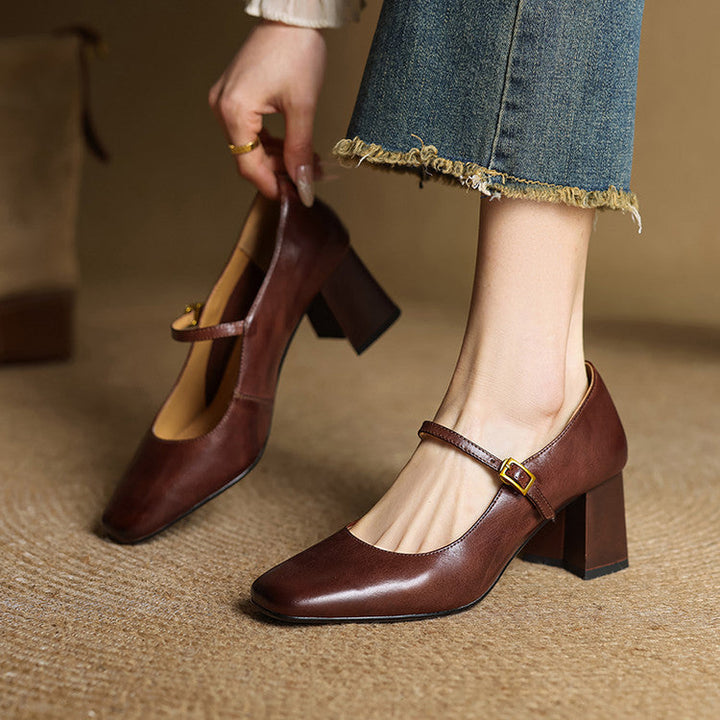 Lenara | Elegant Square Toe Mary Jane Block Heels