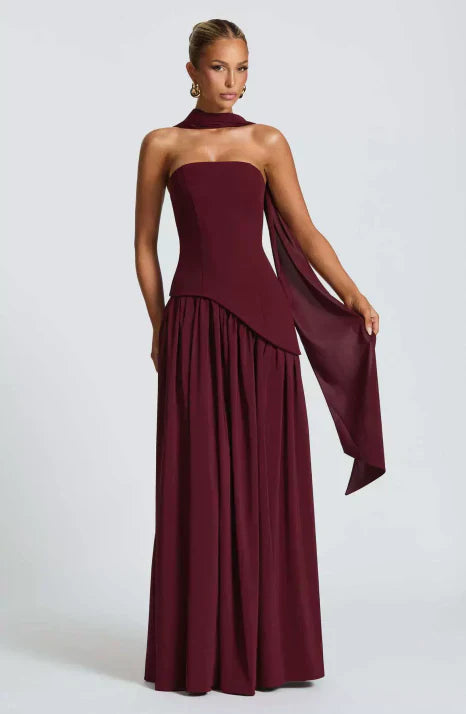 Piper | Elegant Burgundy Halter Maxi Dress With Draped Detail