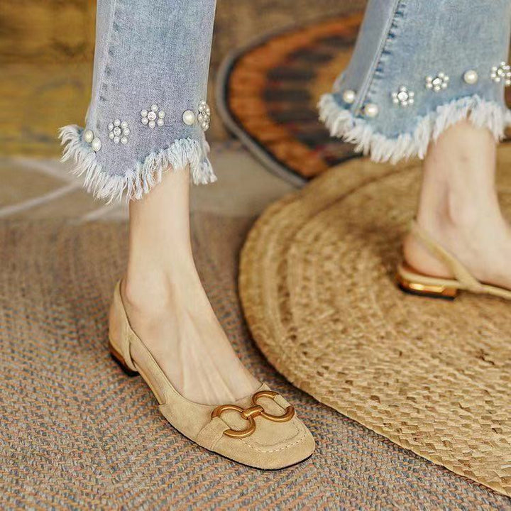 Margot | Elegant Navy Slingback Flats With Gold Buckle Detail