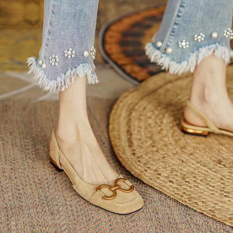 Evelyn | Elegant Navy Slingback Flats With Gold Buckle Detail