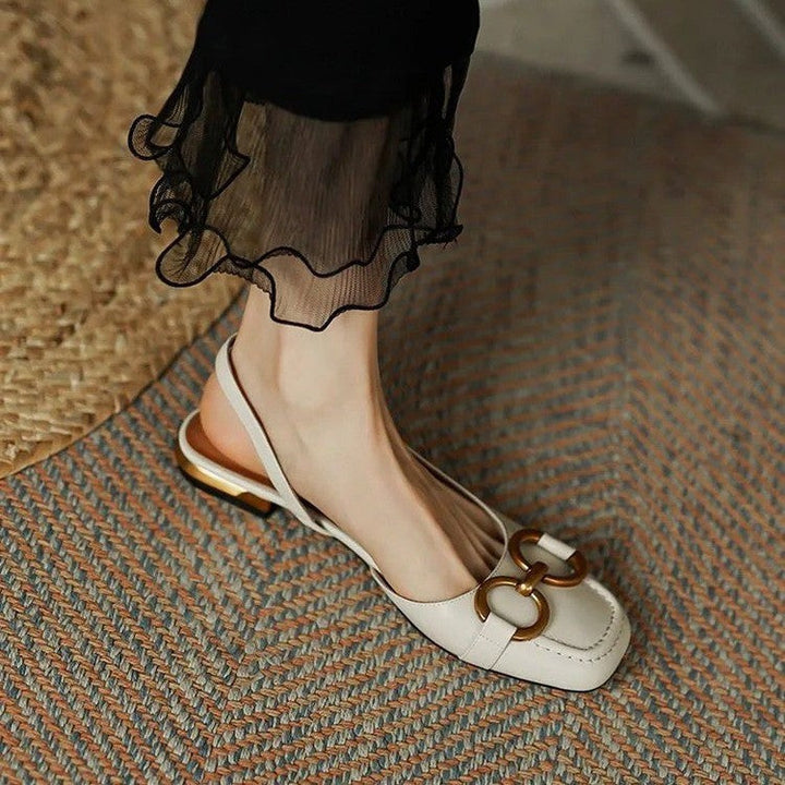 Margot | Elegant Navy Slingback Flats With Gold Buckle Detail