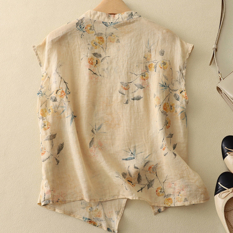 Elyse | Elegant Floral Sleeveless Blouse With Mandarin Collar
