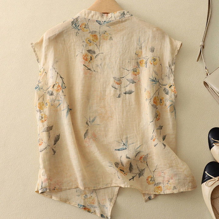 Elyse | Elegant Floral Sleeveless Blouse With Mandarin Collar