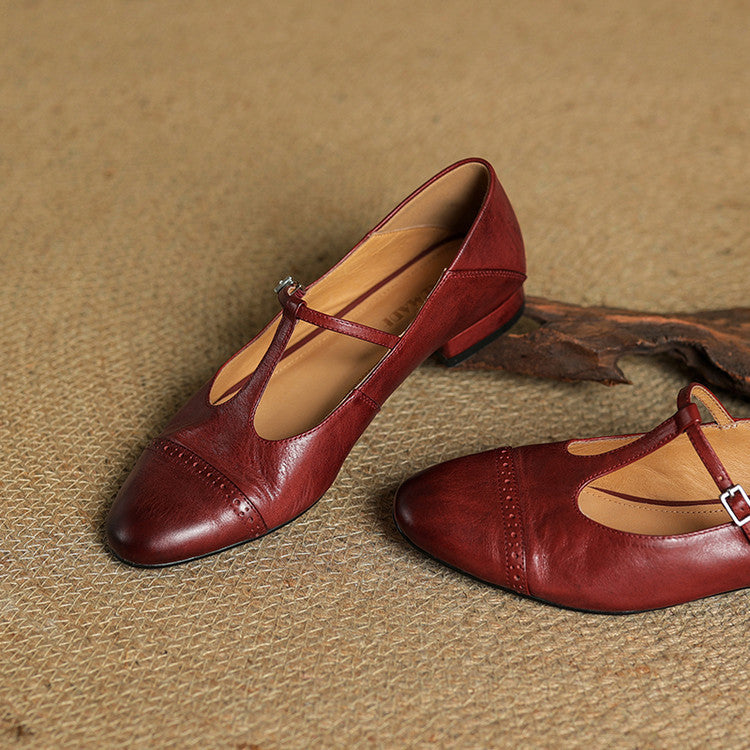 Eleanore | Elegant T-Strap Genuine Leather Mary Jane Flats