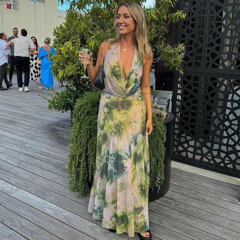 Sybil | Elegant Halter Backless Tie Dye Maxi Dress