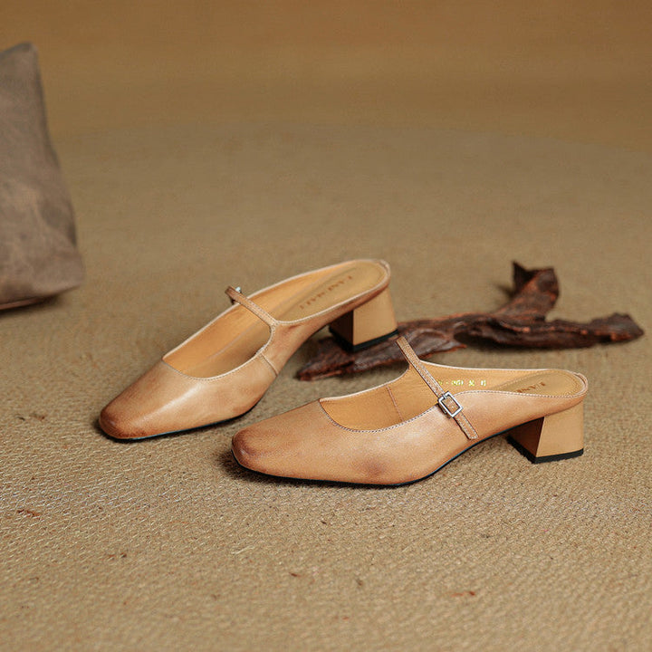 Leona | Elegant Square Toe Block Heel Leather Mules