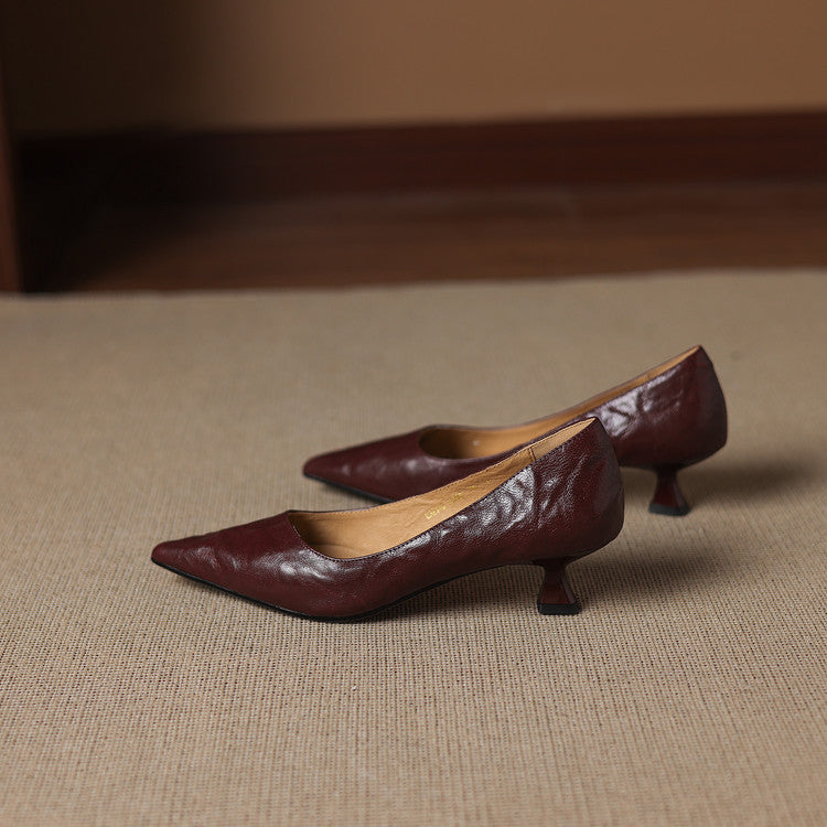 Elyse | Elegant Pointed Toe Burgundy Leather Kitten Heels