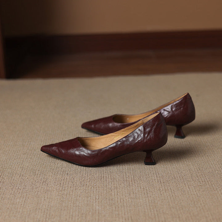 Elyse | Elegant Pointed Toe Burgundy Leather Kitten Heels