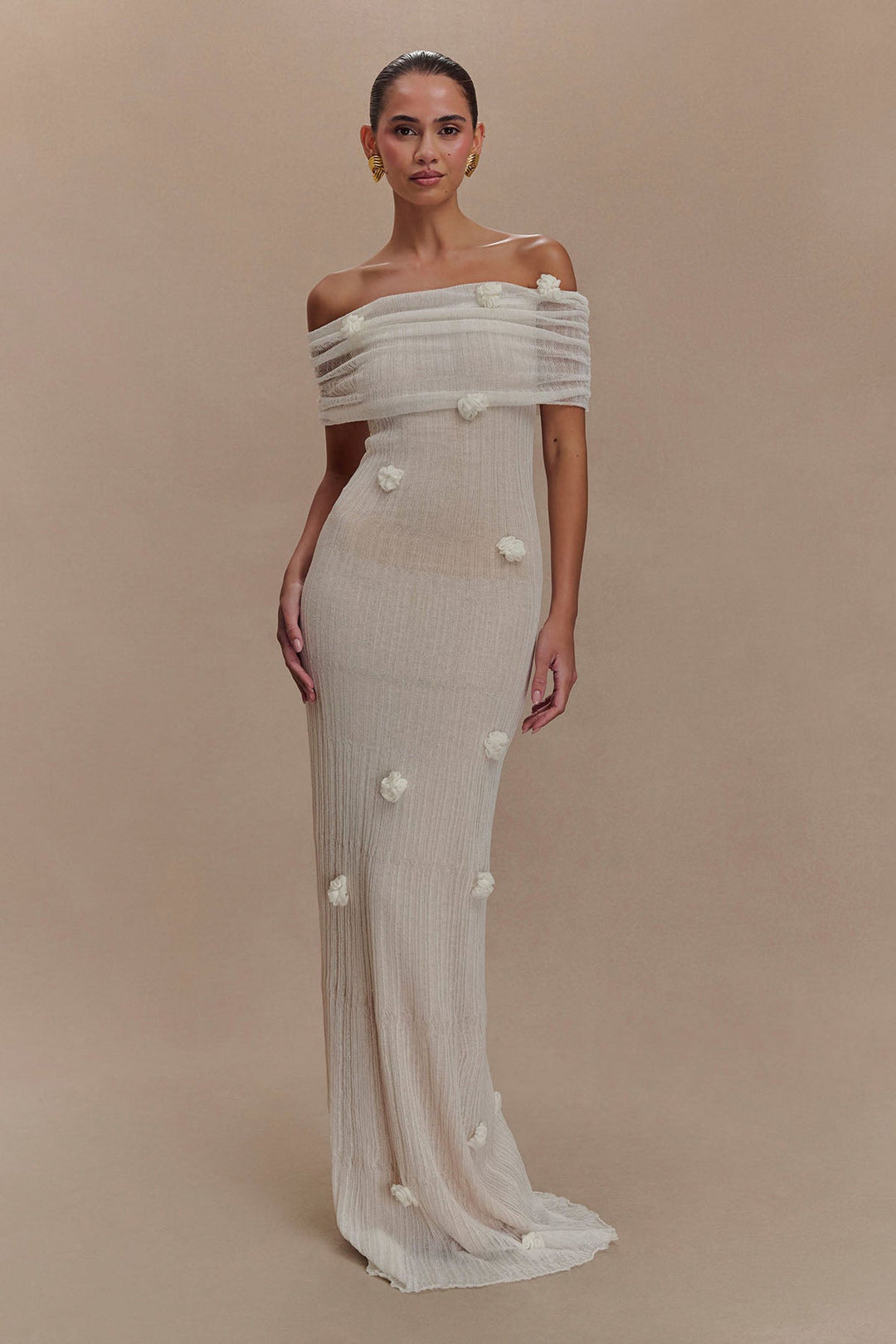 Cordelia | Elegant Off-Shoulder Knit Maxi Dress With Floral Details