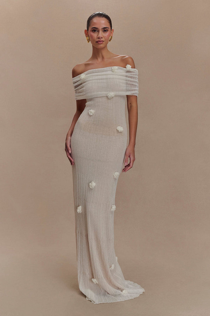 Cordelia | Elegant Off-Shoulder Knit Maxi Dress With Floral Details