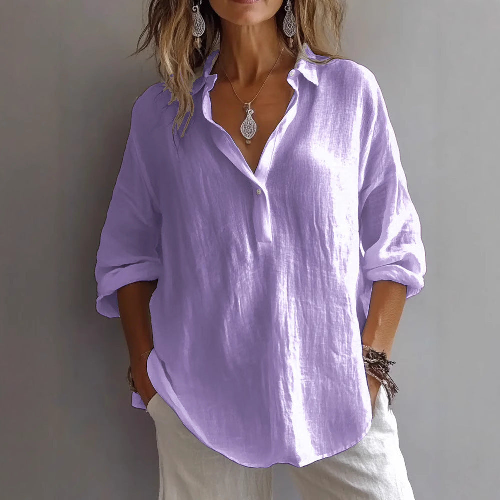 Fran | Chic White Linen V-Neck Button-Up Blouse With Rolled Sleeves