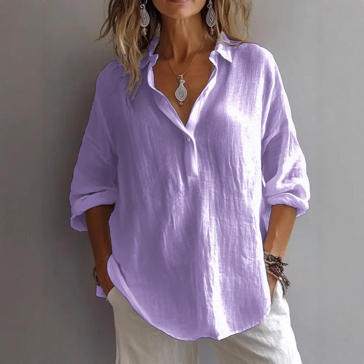 Fran | Chic White Linen V-Neck Button-Up Blouse With Rolled Sleeves