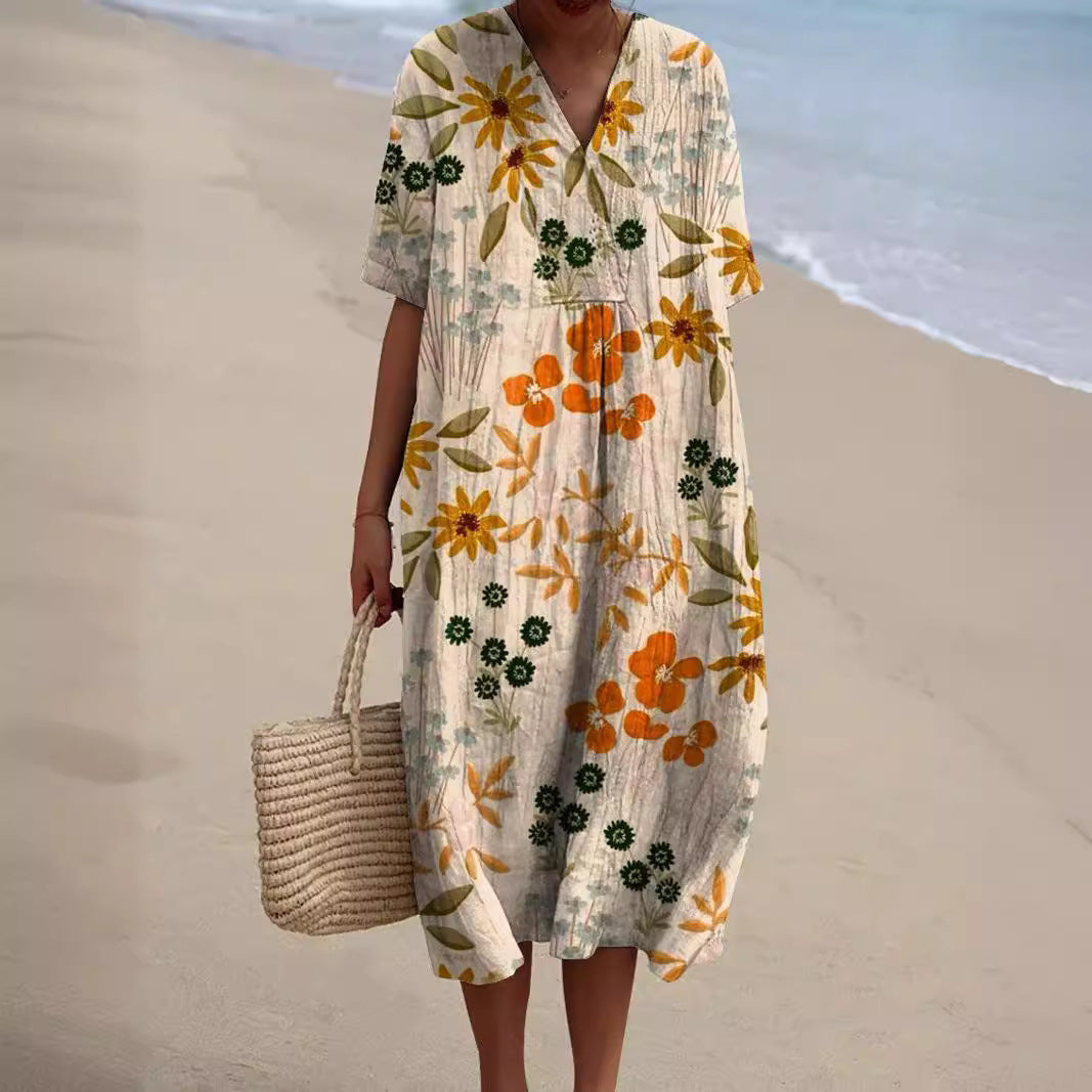 Maxine | Vibrant Floral V-Neck Midi Dress With Flutter Sleeves