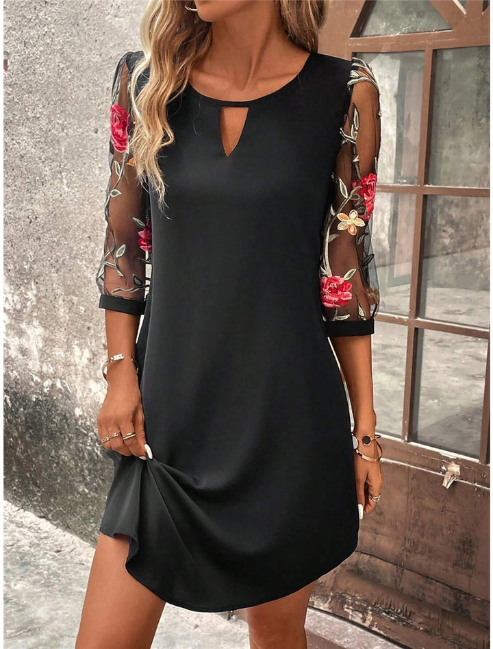 Lexi | Elegant Floral Embroidered Mini Dress With Mesh Sleeves
