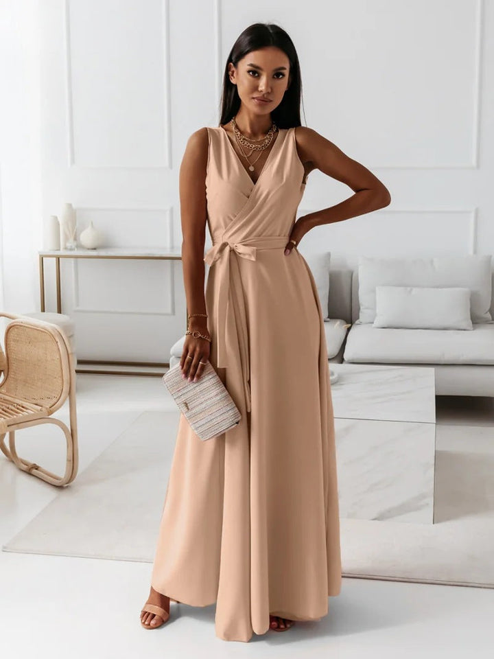 Celeste | Elegant Pink V-Neck Sleeveless Wrap Maxi Dress
