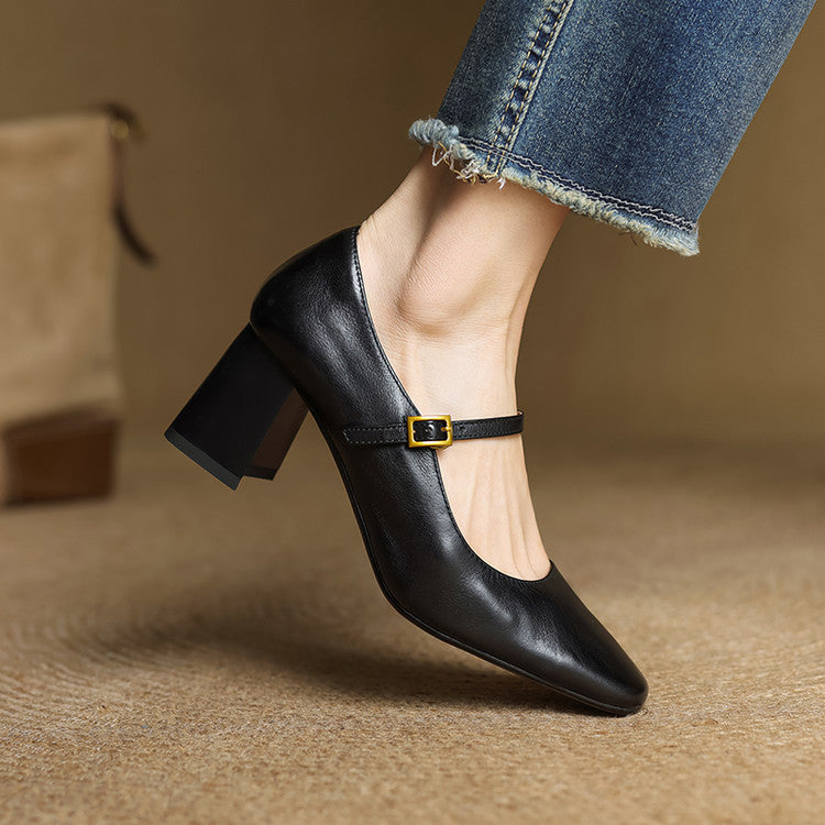 Lenara | Elegant Square Toe Mary Jane Block Heels