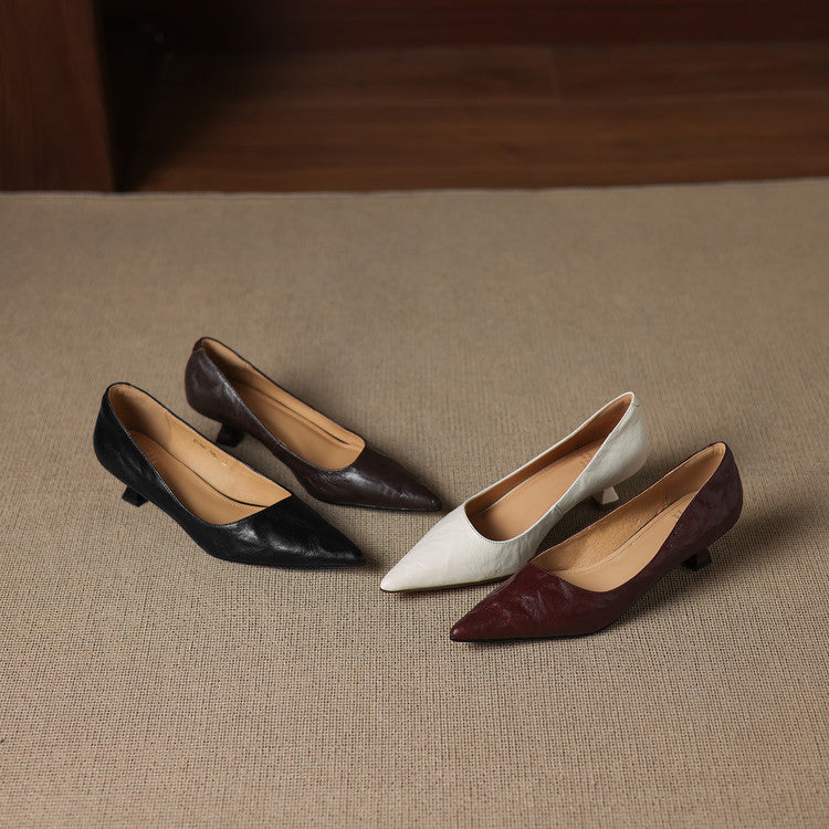 Elyse | Elegant Pointed Toe Burgundy Leather Kitten Heels